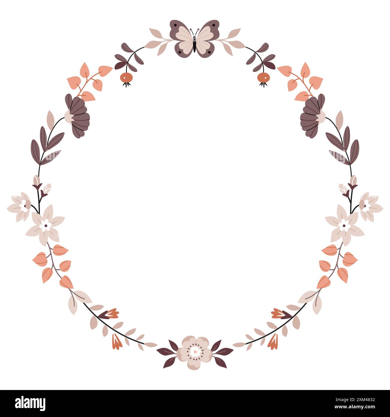 Cadre floral rond avec papillons. Jolis dessins animés Bohemian Scandi Nursery posters dans des couleurs beige et grise. Imprimé vectoriel bohémien Illustration de Vecteur