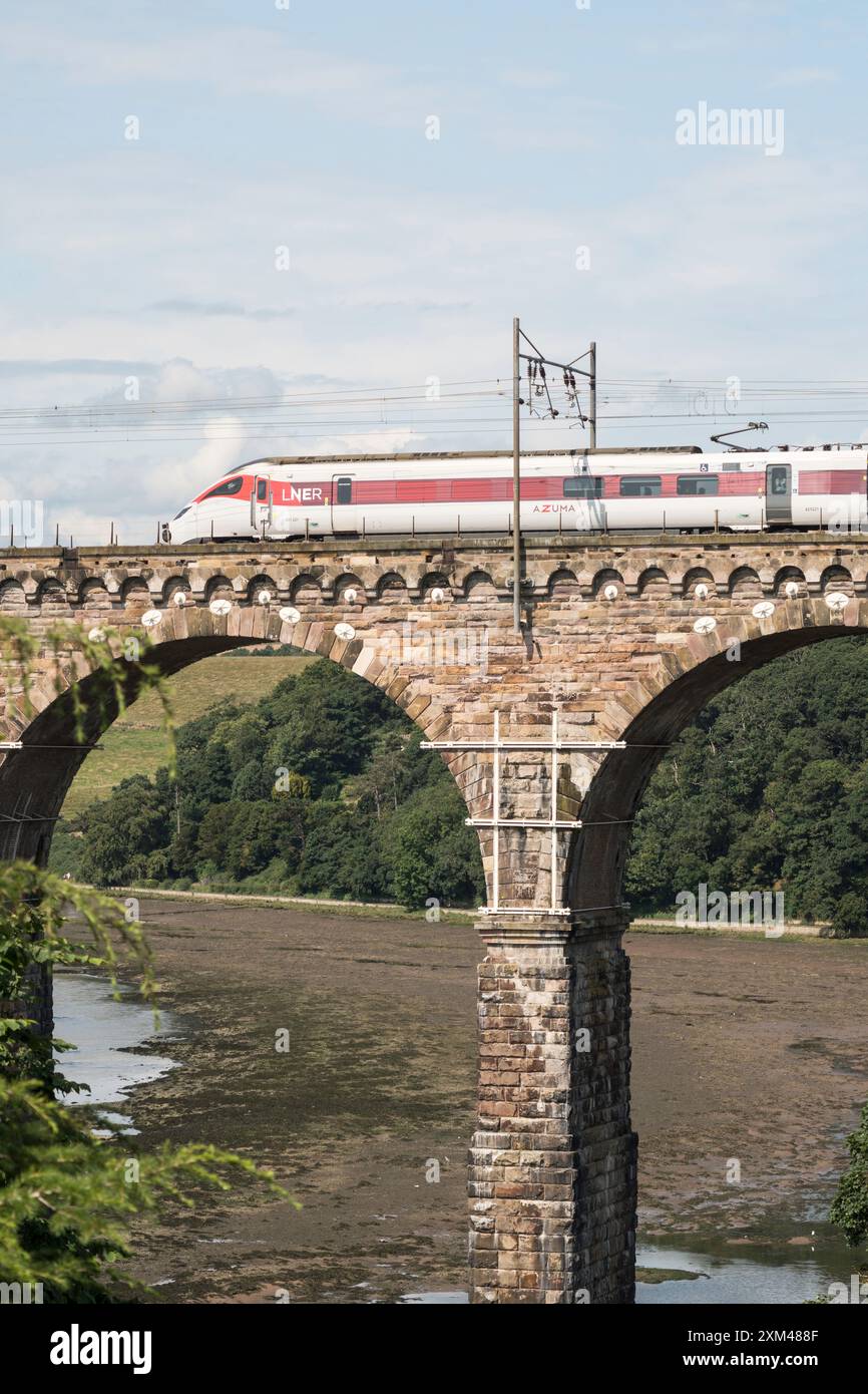 Vue montrant les réparations et le renforcement du Royal Border Bridge, Berwick upon Tweed, Angleterre, Royaume-Uni Banque D'Images
