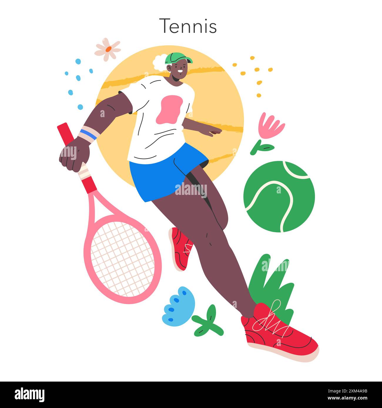 Concept d'activité de tennis d'été. Illustration dynamique d'un joueur prêt pour un match de tennis par une journée ensoleillée. Mode de vie actif et sport de plein air. Illustration vectorielle. Illustration de Vecteur