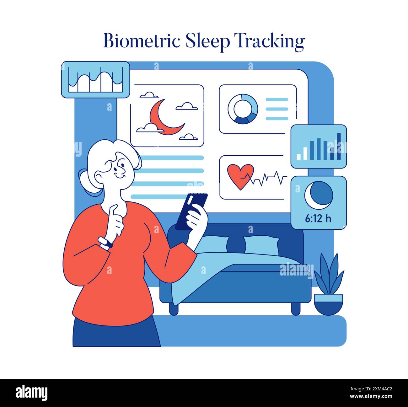 Concept de bien-être nocturne. Femme surveille les schémas de sommeil en utilisant l'application de suivi biométrique. Intégration de périphériques intelligents pour la santé. Illustration vectorielle. Illustration de Vecteur