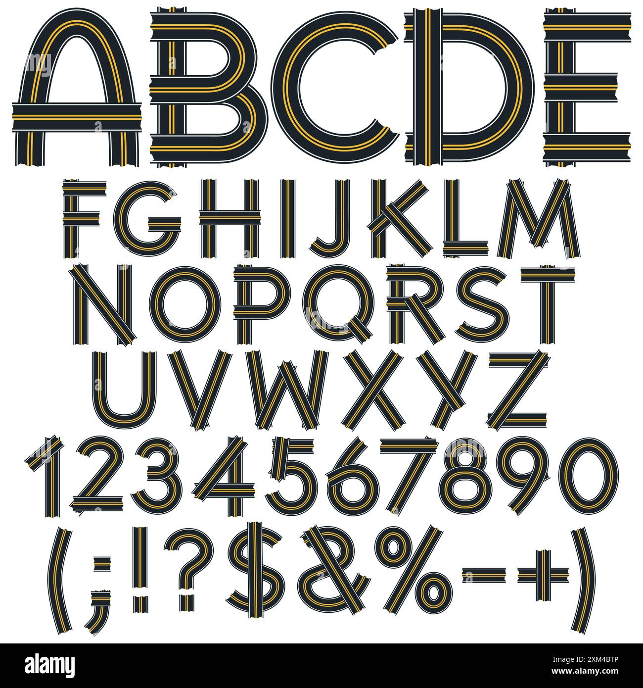 Alphabet, lettres, chiffres et signes de la surface de la route, route. Objets vectoriels isolés sur fond blanc. Illustration de Vecteur
