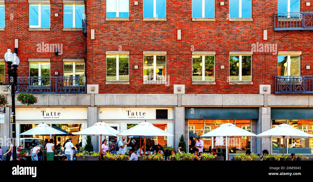 Cambridge, Massachusetts, États-Unis - 19 août 2022 : Tatta Bakery and Cafe (c. 2016) Sidewalk places sur Massachusetts Avenue à Harvard Square. Banque D'Images