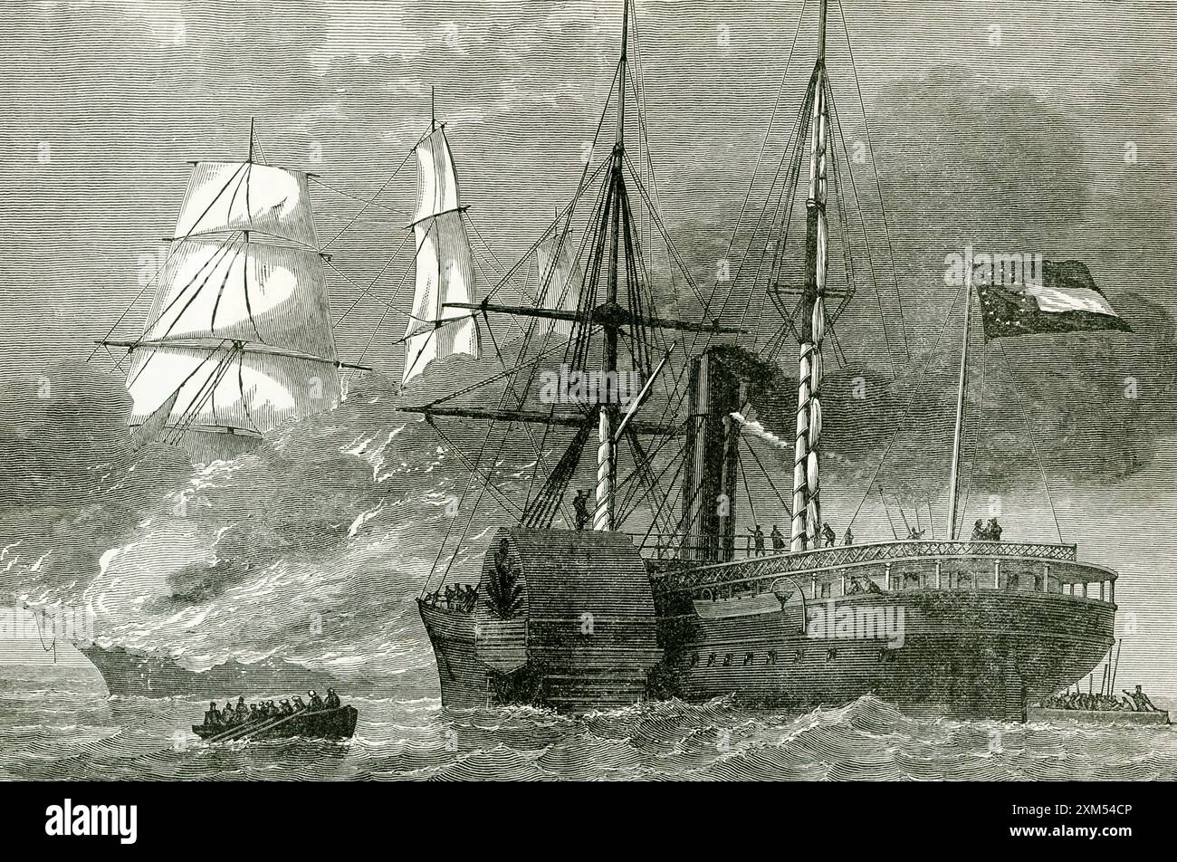 Le sloop de guerre confédéré Nashville détruit le marchand fédéral Harvey Birch lors de la guerre de Sécession. Un marchand armé est un navire marchand équipé de canons, généralement à des fins défensives, soit par conception, soit après coup. Banque D'Images