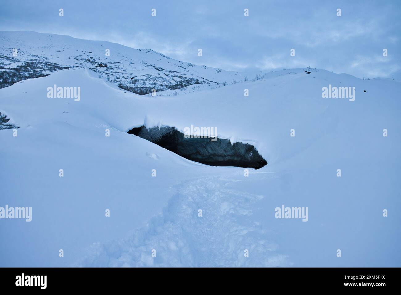 Neige autour de Castner Cave ouverture par une froide journée d'hiver en Alaska. Banque D'Images