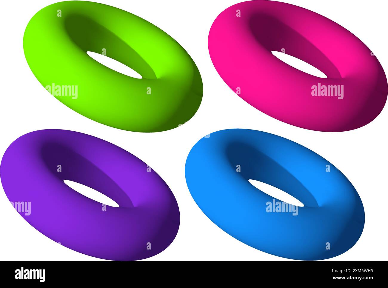 Tore coloré isolé défini en perspective 3D. Collection abstraite de formes de beignes géométriques, en rotation Illustration de Vecteur