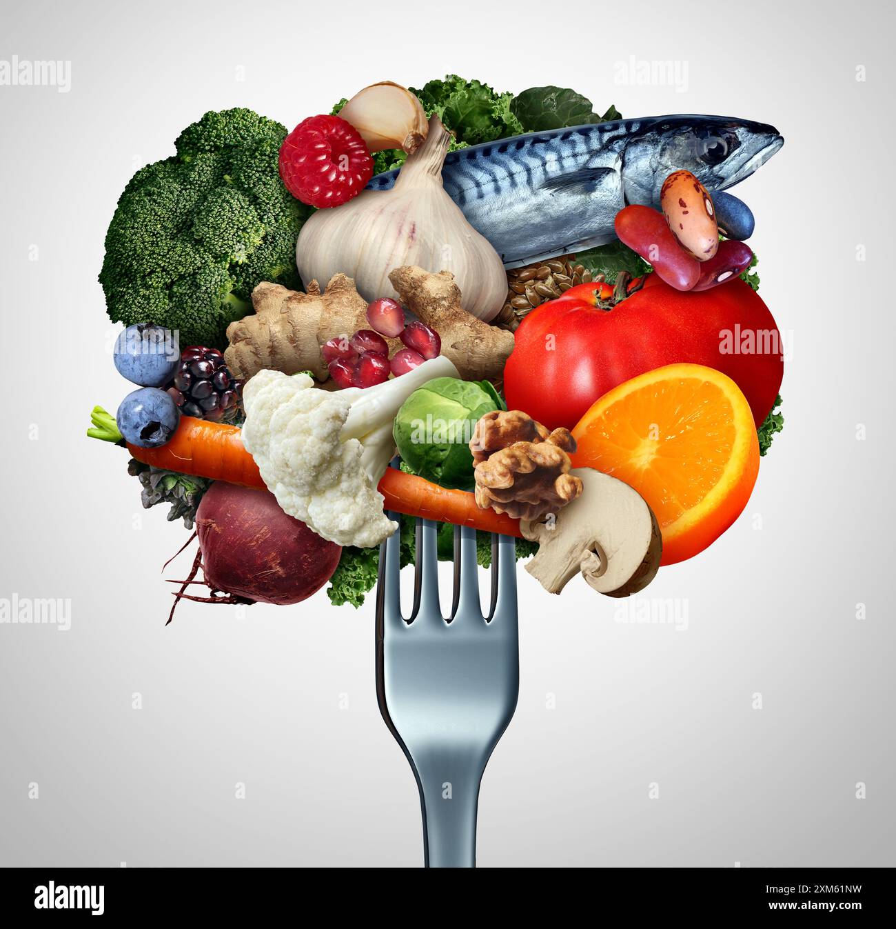 Manger des aliments de lutte contre le cancer comme des baies de brocoli à l'ail en bonne santé, des tomates au gingembre et des légumes à feuilles vertes avec des antioxydants phytonutriments et Oméga-3 Banque D'Images