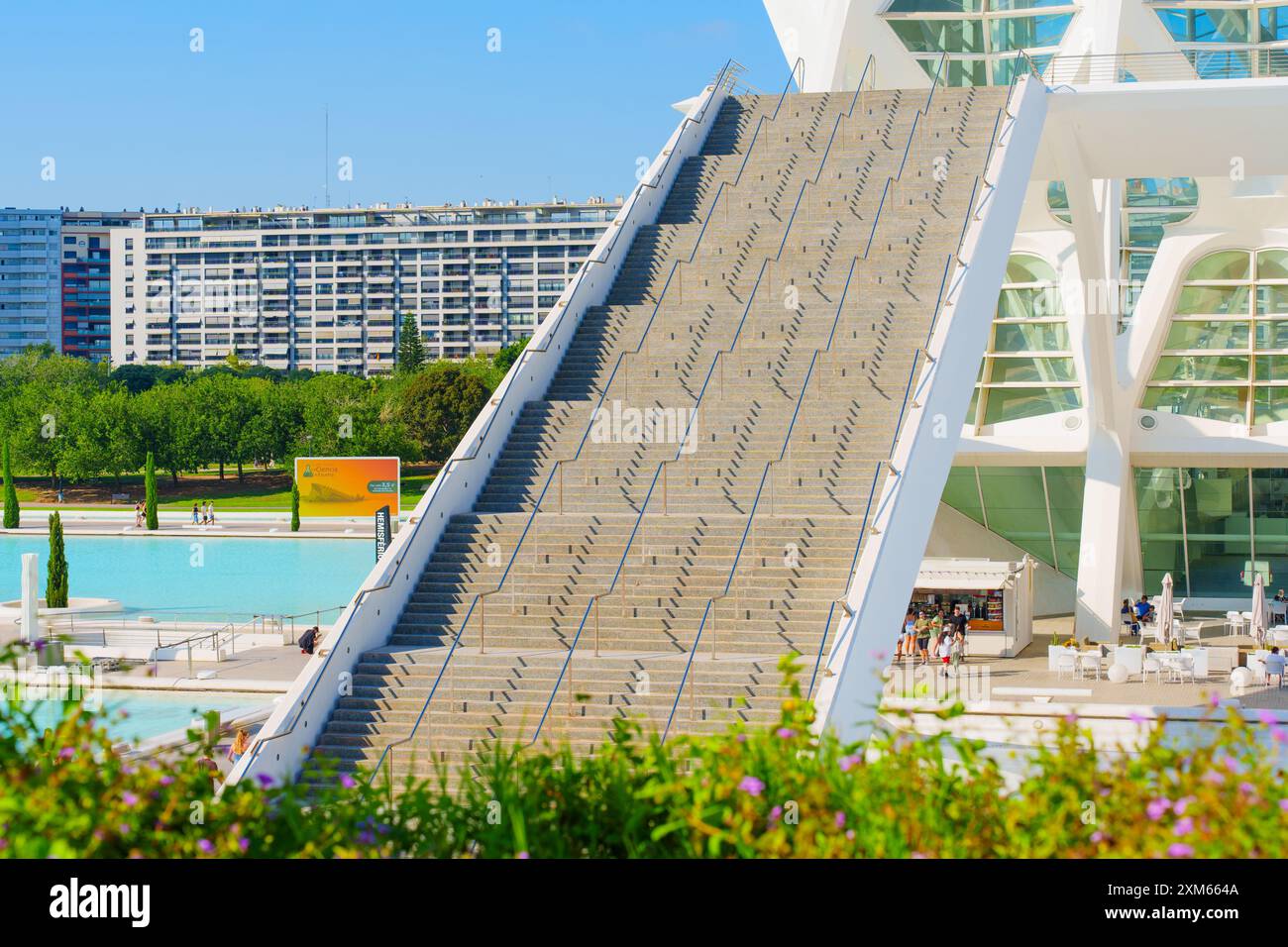 Valence, Espagne - 12 juillet 2024 : superbe escalier moderne menant à la merveille architecturale, entouré de verdure vibrante et d'eaux bleues Banque D'Images