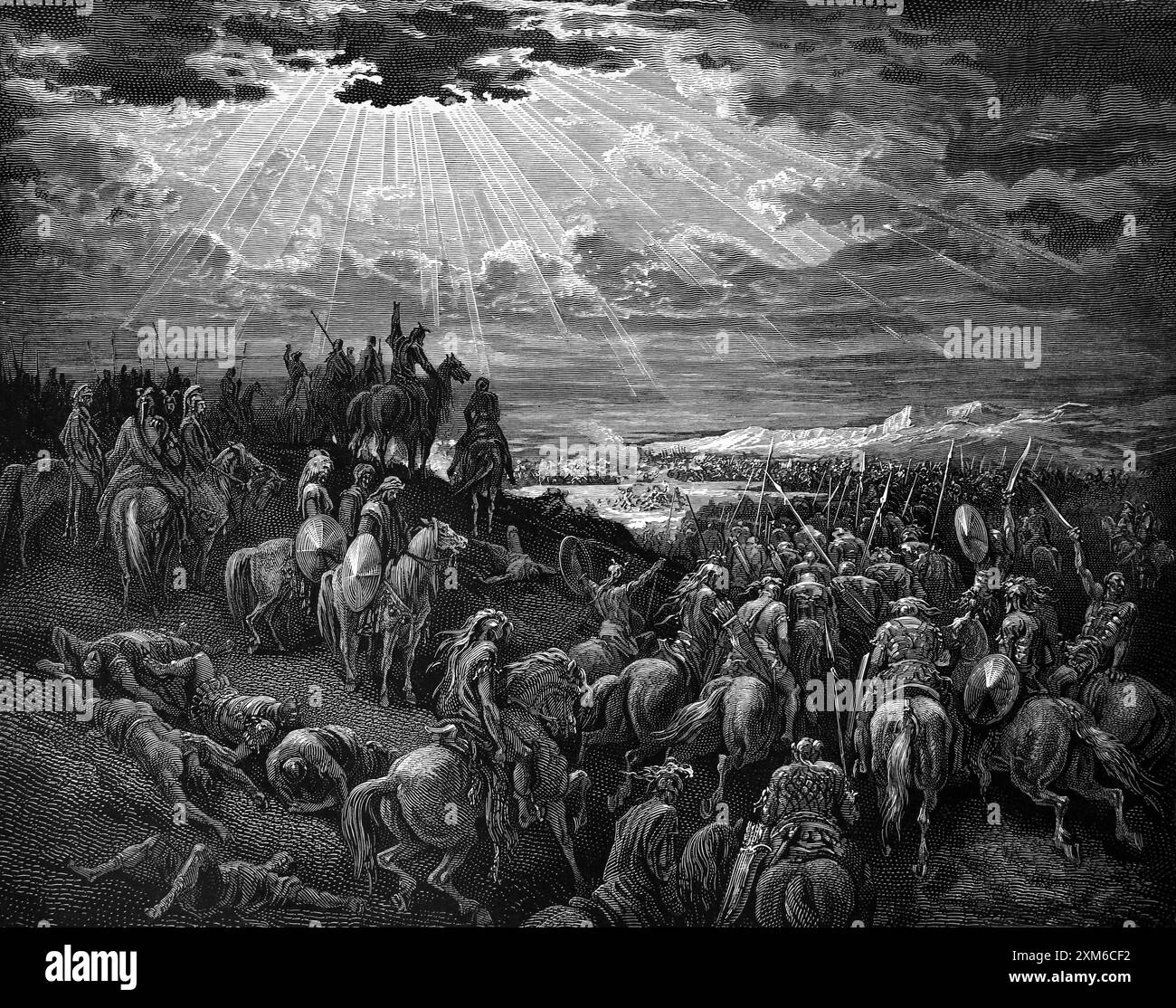 Gravure sur bois de Joshua commandant le Soleil de rester immobile par Gustave Dore Joshua 10:13 - à Gibeon Joshua exhorte Dieu à arrêter le mouvement du Soleil pour donner h. Banque D'Images