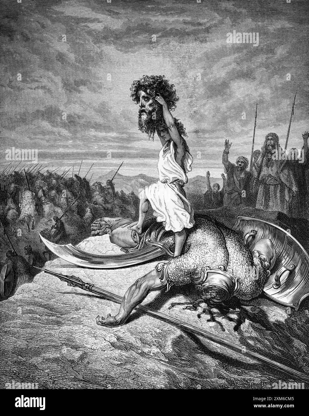 Gravure sur bois de David tuant le Goliath géant après l'avoir frappé avec une pierre sur son front tuant Goliath, il coupe ensuite sa tête avec un swor Banque D'Images