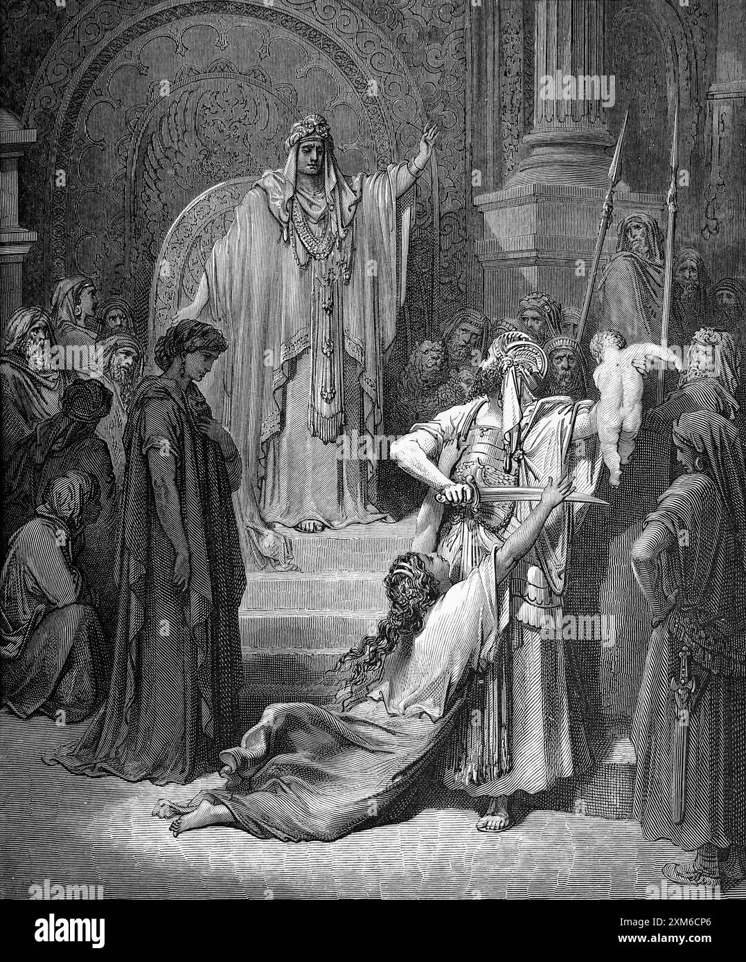 Gravure sur bois du jugement de Salomon - deux mères vivant dans la même maison chacune avait un enfant en bas âge un était mort et chaque mère a argumenté la liv Banque D'Images