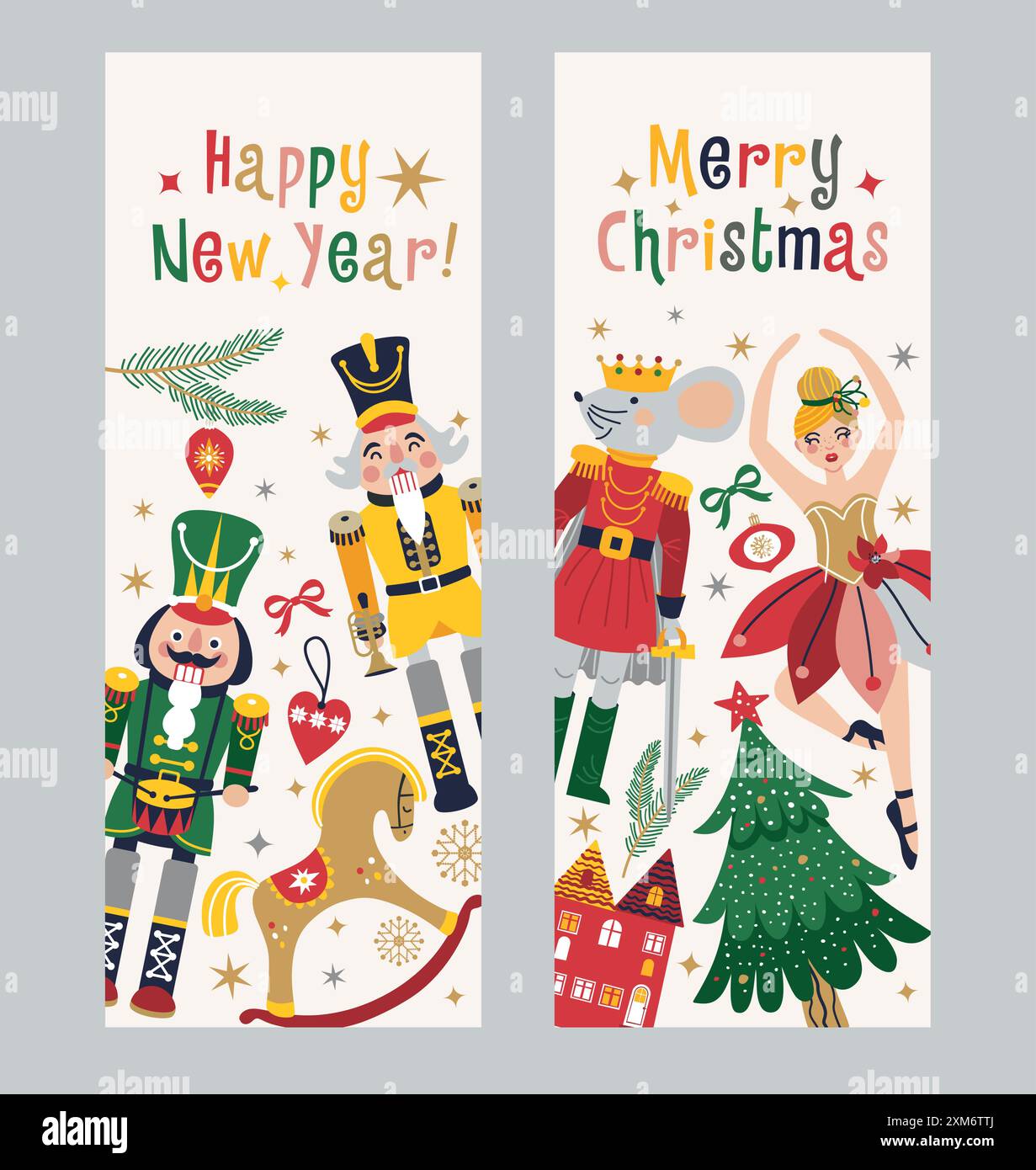 Bonne année Nutcrackers Vector bannières sur fond clair. Carte postale. Chevaux à bascule enfantins. Illustration de Noël. Illustration de Vecteur