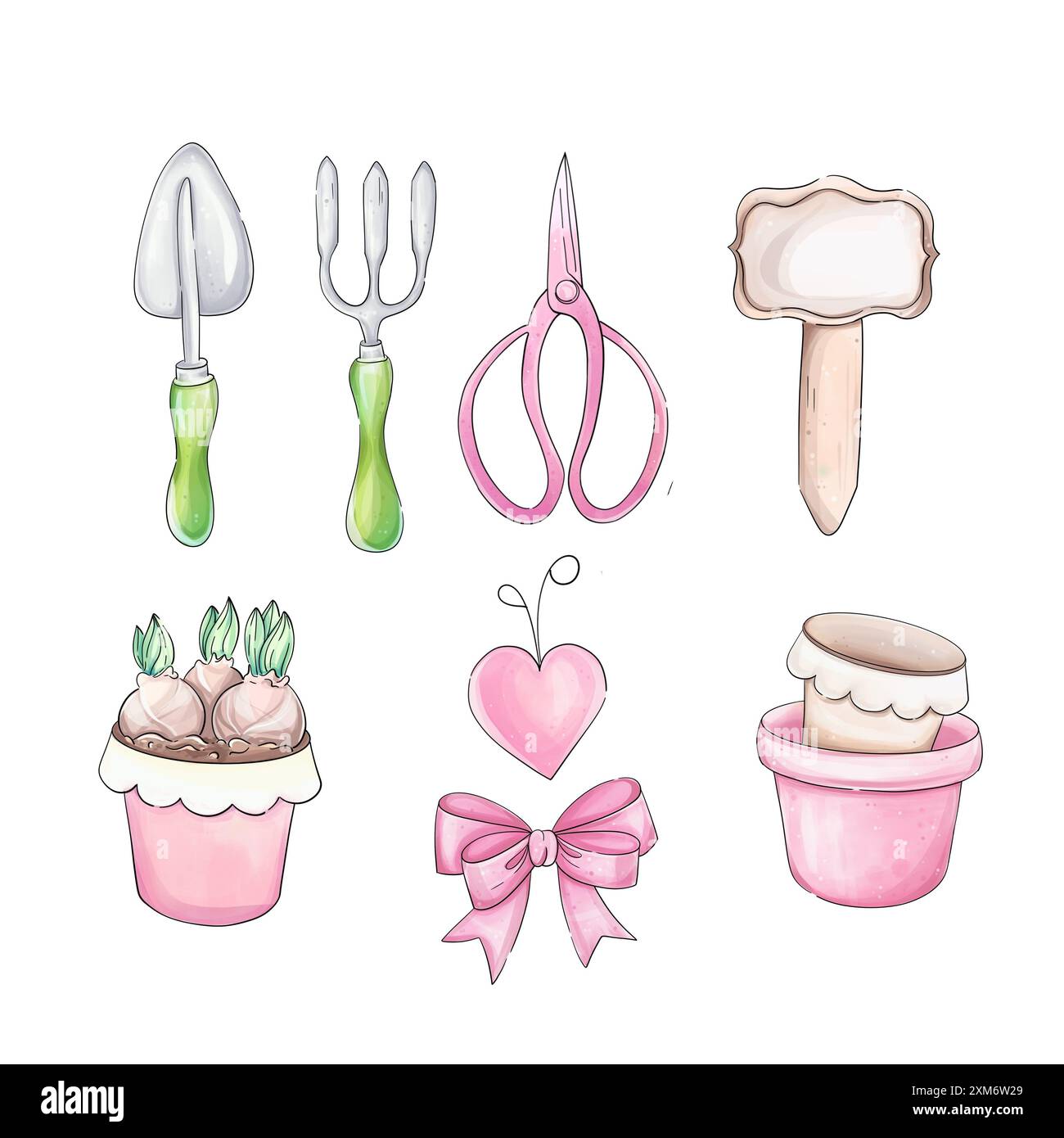 Ensemble d'outils de jardin romantiques à l'aquarelle clipart, inventaire pour jardinier. Esquisse printanière pour la conception, le tissu Banque D'Images