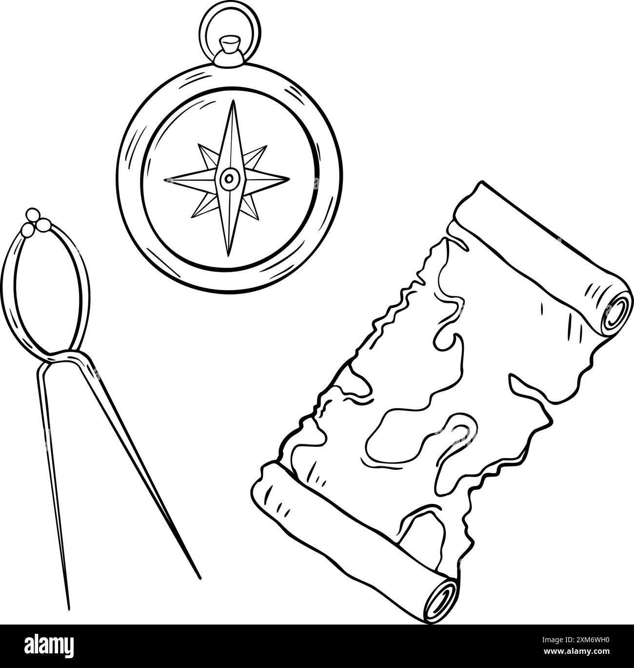 Carte ancienne en rouleau noir et blanc illustration vectorielle isolée. Navigation objets rétro silhouette dessinée par l'encre . Dessin au trait nautique avec boussole, carte Illustration de Vecteur