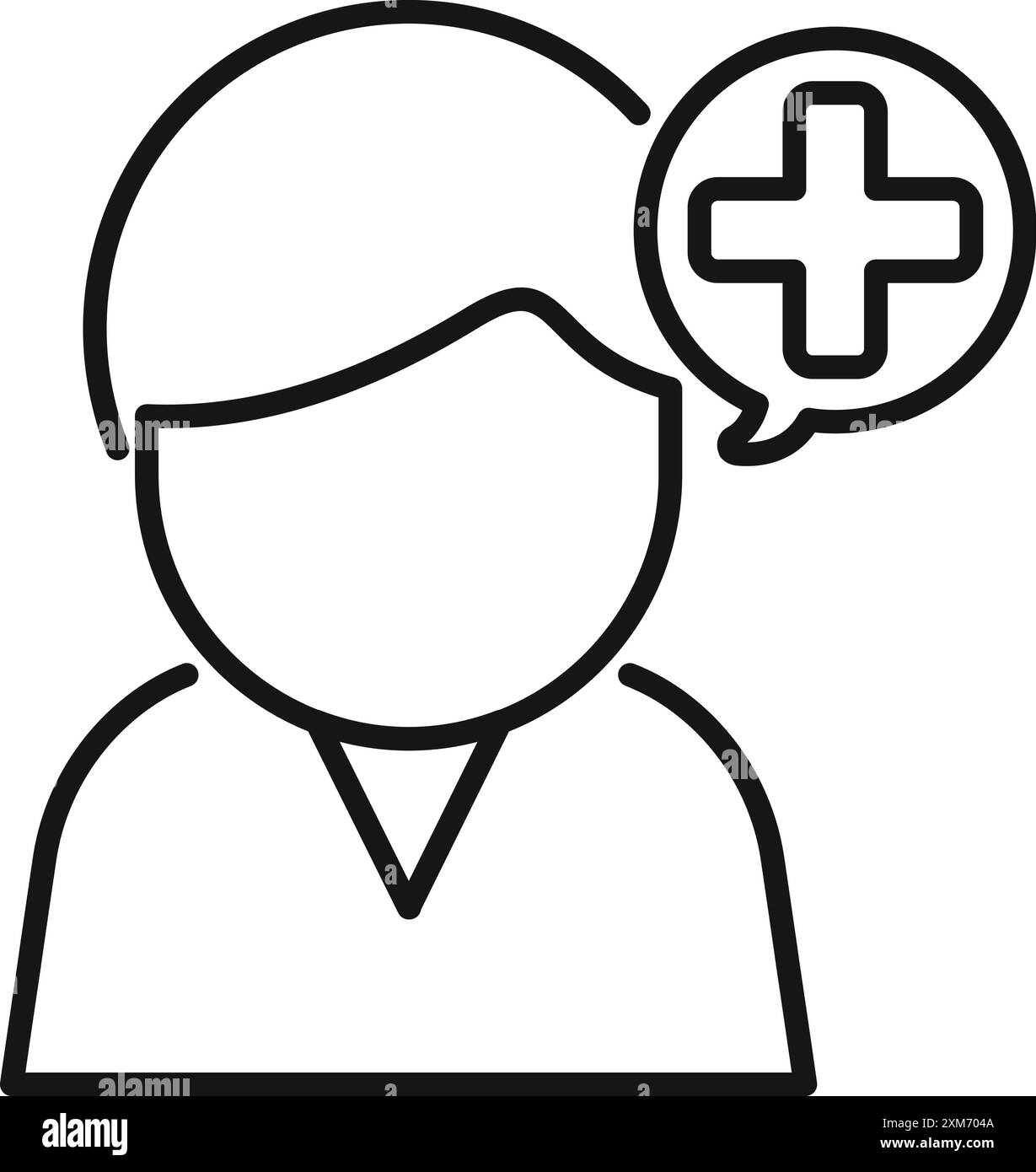 Dessin au trait d'un homme d'affaires avec une bulle de pensée contenant une croix médicale Illustration de Vecteur