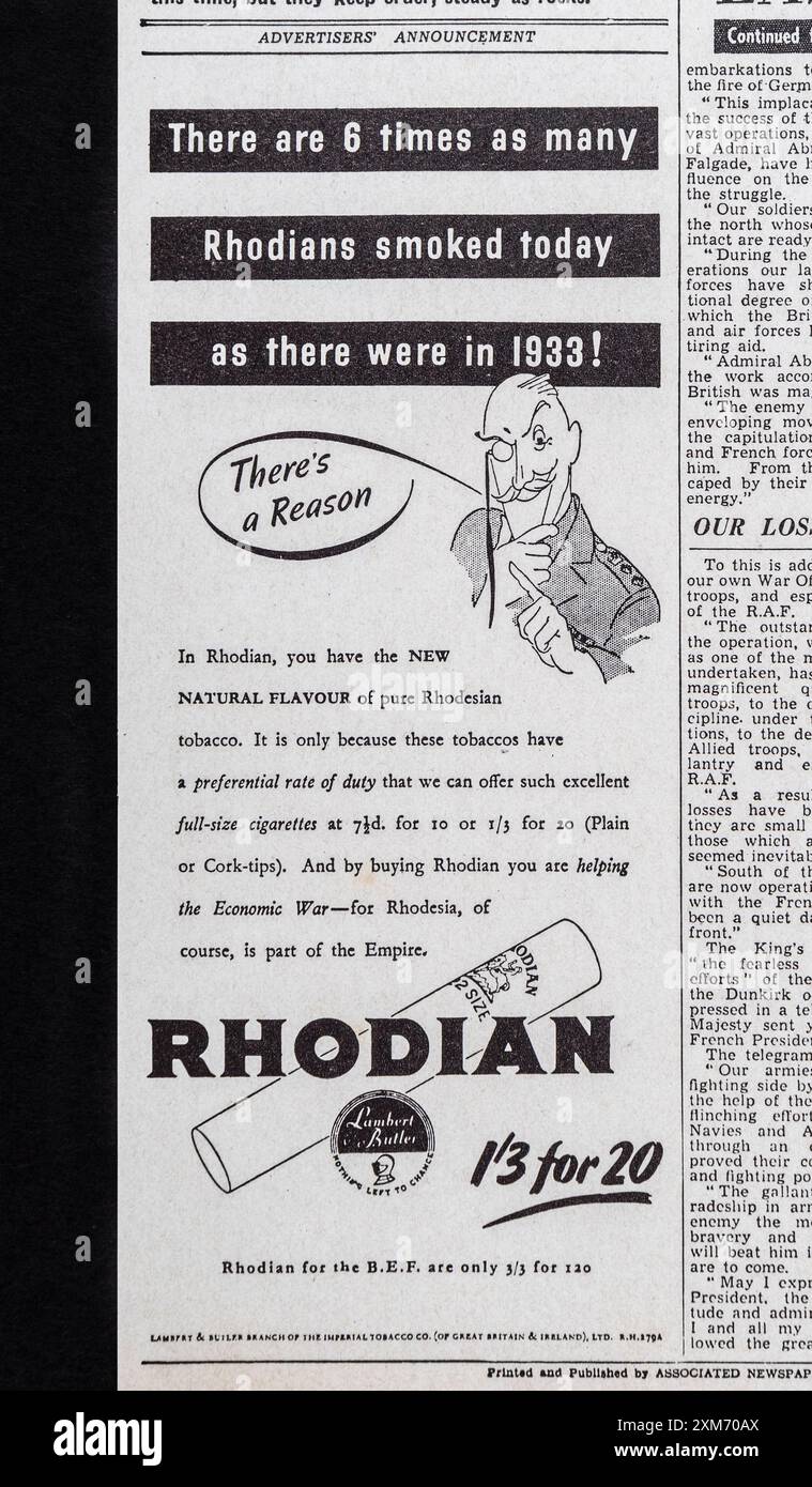 Annonce de cigarettes rhodiennes dans le Daily mail (réplique), 5 juin 1940, après l'évacuation de Dunkerque. Banque D'Images