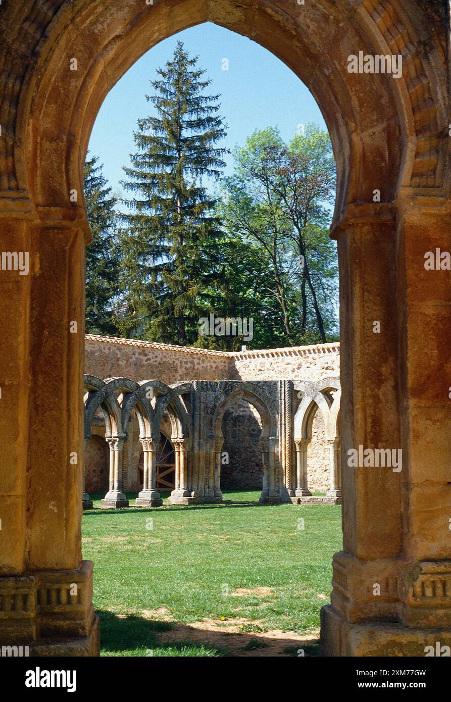 Cloître roman, monastère San Juan de Duero. Soria, Castilla Leon, Espagne. Banque D'Images