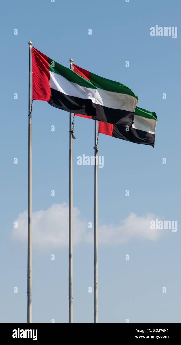 Émirats arabes Unis drapeaux des Émirats arabes Unis agitant contre le ciel bleu Banque D'Images