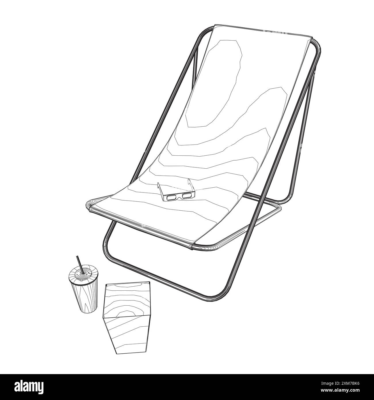 Contour d'une chaise de plage pliante avec un paquet de pop-corn, un verre de soda et des verres de cinéma. Illustration vectorielle. Illustration de Vecteur