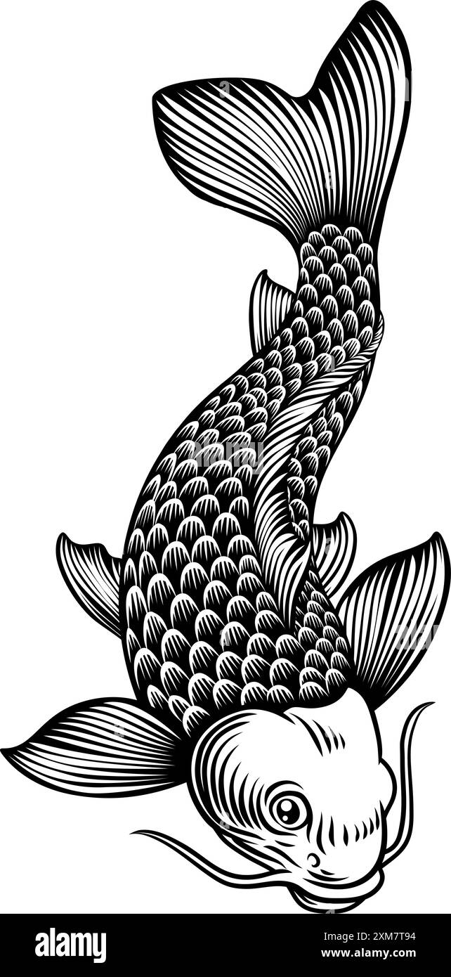 Poisson Koi Carp Japonais Vintage Woodcut Design Illustration de Vecteur