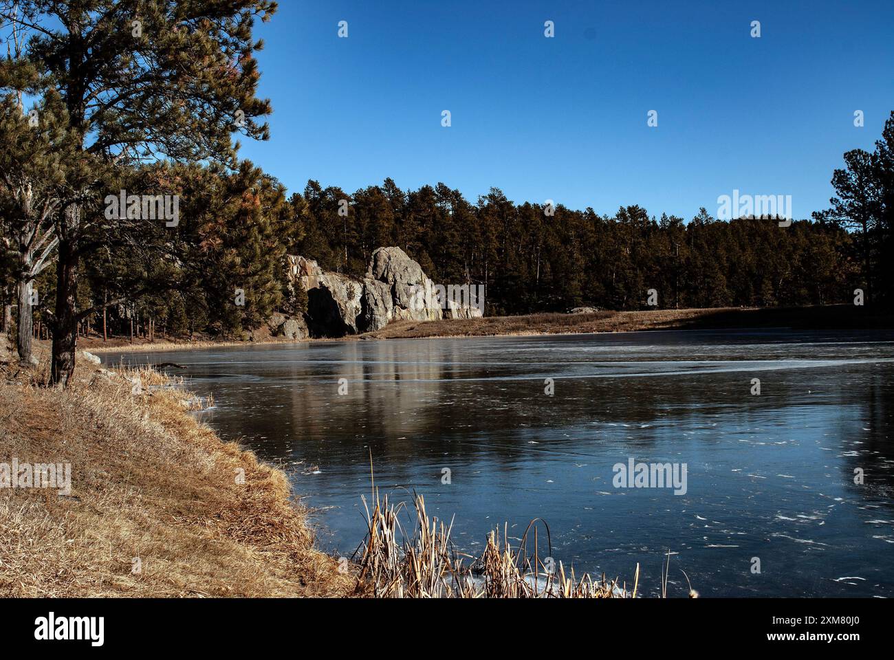 Lac Sylvan couvert de glace, parc national de Custer, Dakota du Sud Banque D'Images