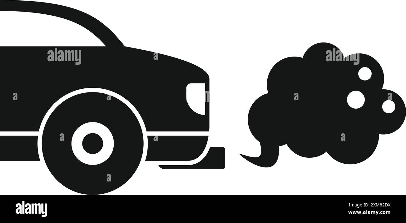 Simple icône noire et blanche d'une voiture émettant des gaz d'échappement, représentant la pollution de l'air Illustration de Vecteur