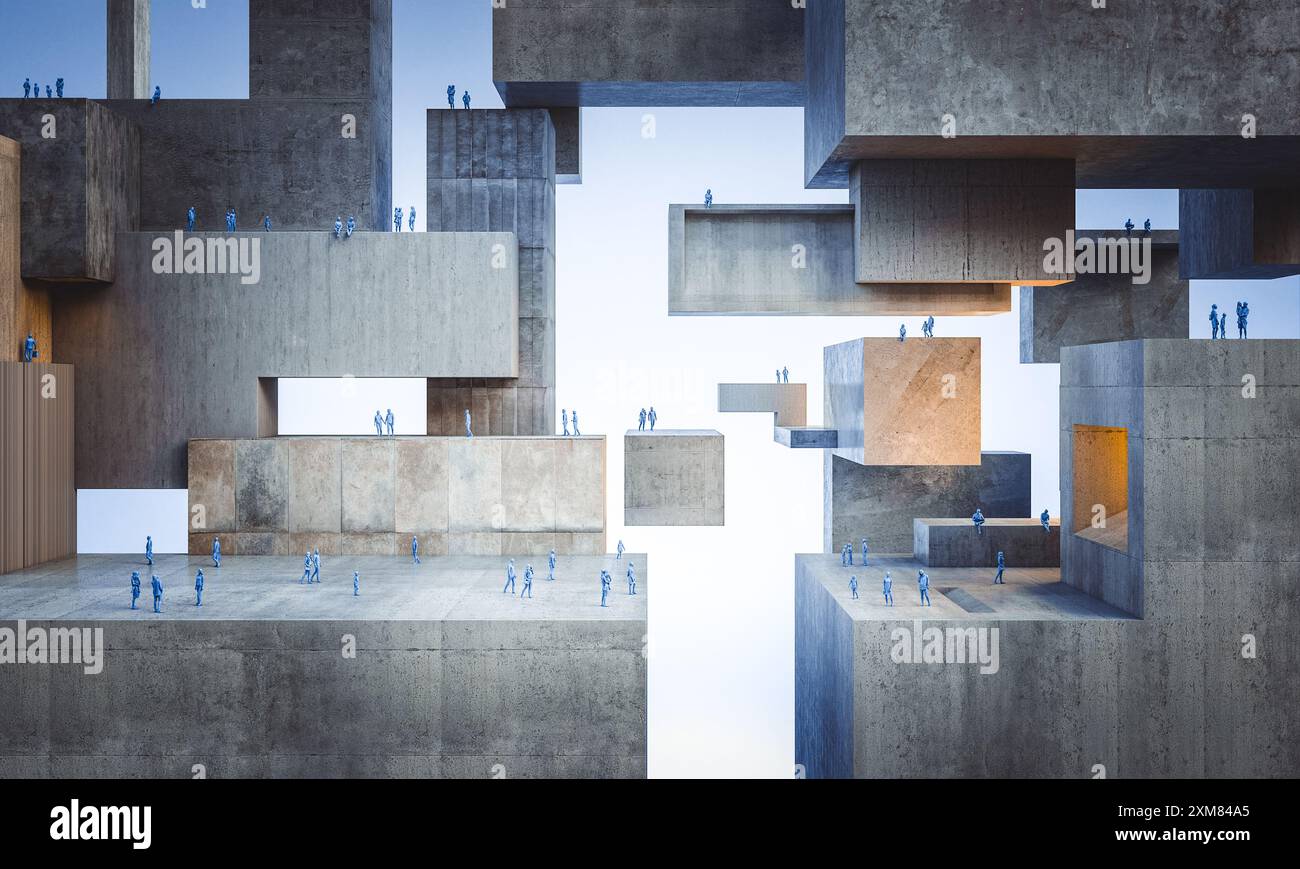 people 3d marchant futuriste structure de construction en béton abstrait Banque D'Images