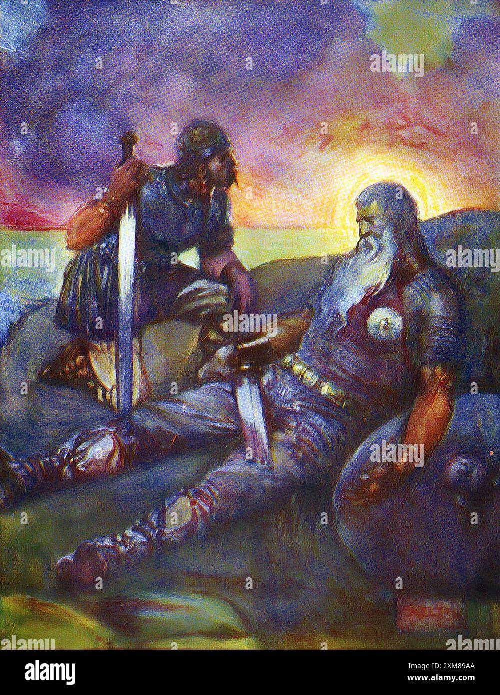 Beowulf. Wiglaf revient assister à la mort de Beowulf. Illustration de J. R. Skelton, 1908, Beowulf est un poème épique vieil anglais dans la tradition de la légende héroïque germanique composé de 3 182 lignes allitératives. C'est l'une des œuvres les plus importantes et les plus souvent traduites de la littérature vieillesse anglaise. Il a été produit entre 975 et 1025 AD. Banque D'Images