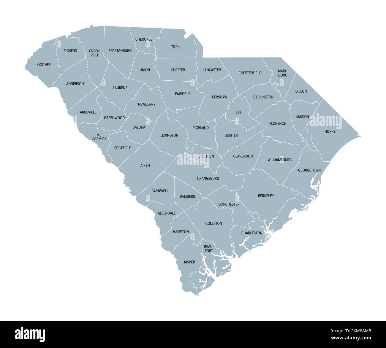 Comtés de Caroline du Sud, carte politique grise avec frontières et noms de comté. État dans la région sud-est des États-Unis. Banque D'Images