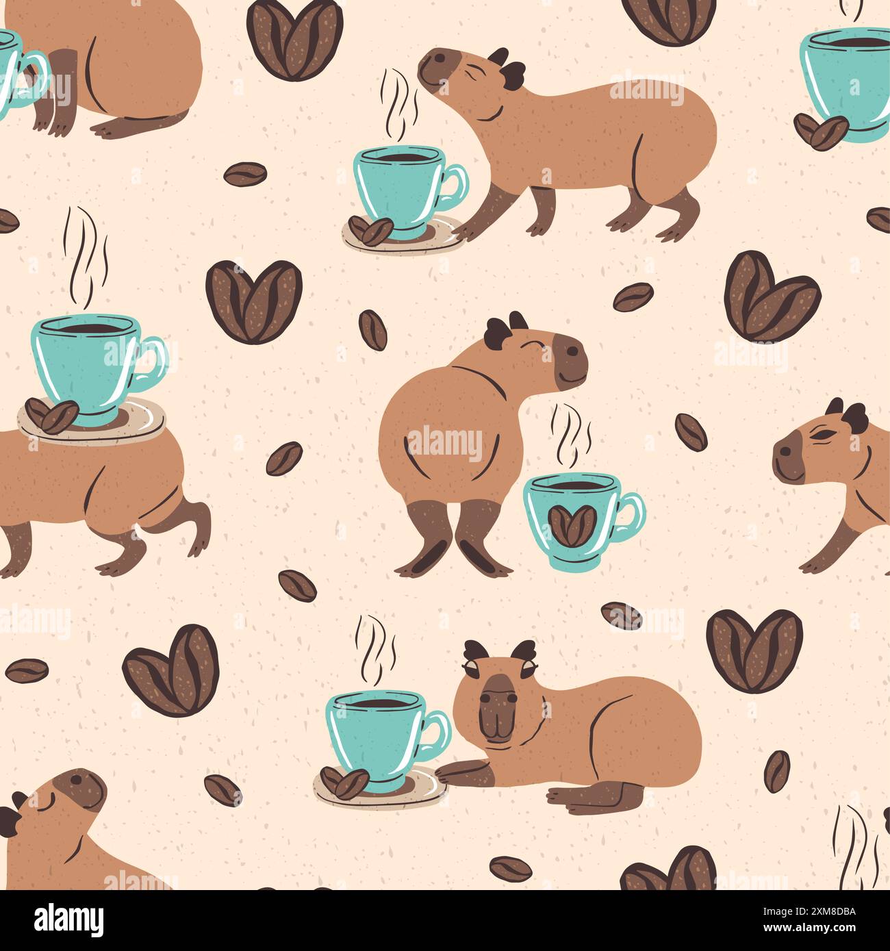 Modèle sans couture avec capybaras drôles et tasses à café Illustration de Vecteur