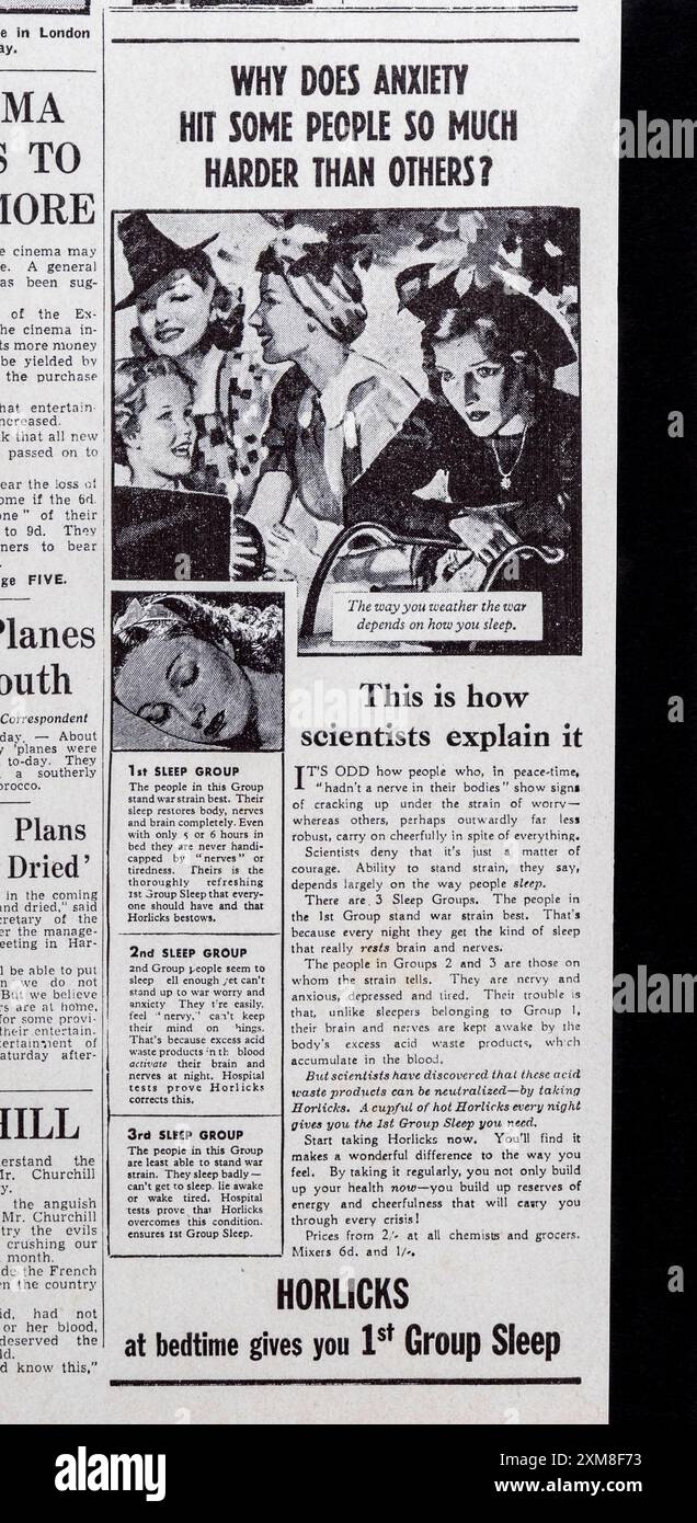 Publicité pour 'Horlicks' dans le Daily mail (réplique), le 20 juin 1940, suite à la bataille de France. Banque D'Images