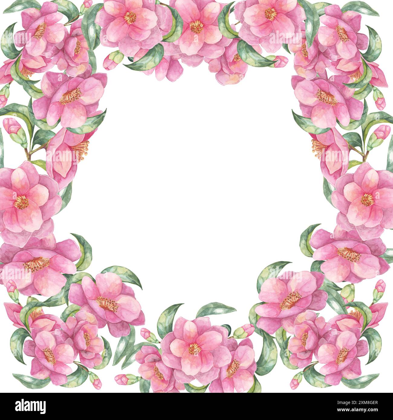 Camellia japonica aquarelle clipart avec un cadre floral rose dense sur un fond carré. Idéal pour créer des invitations personnalisées, des designs numériques, des scrapbooking et des impressions décoratives Banque D'Images