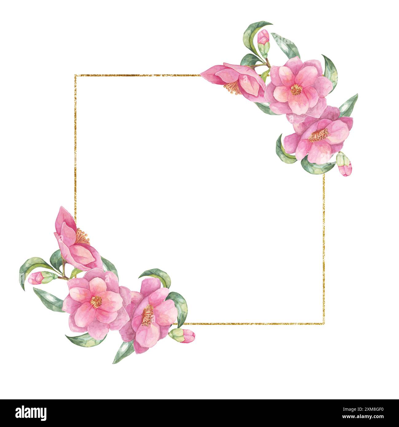 Clipart aquarelle Camellia japonica avec un cadre carré doublé d'or orné de fleurs roses et de feuilles vertes. Parfait pour la papeterie de mariage, les publications de médias sociaux et les designs élégants Banque D'Images