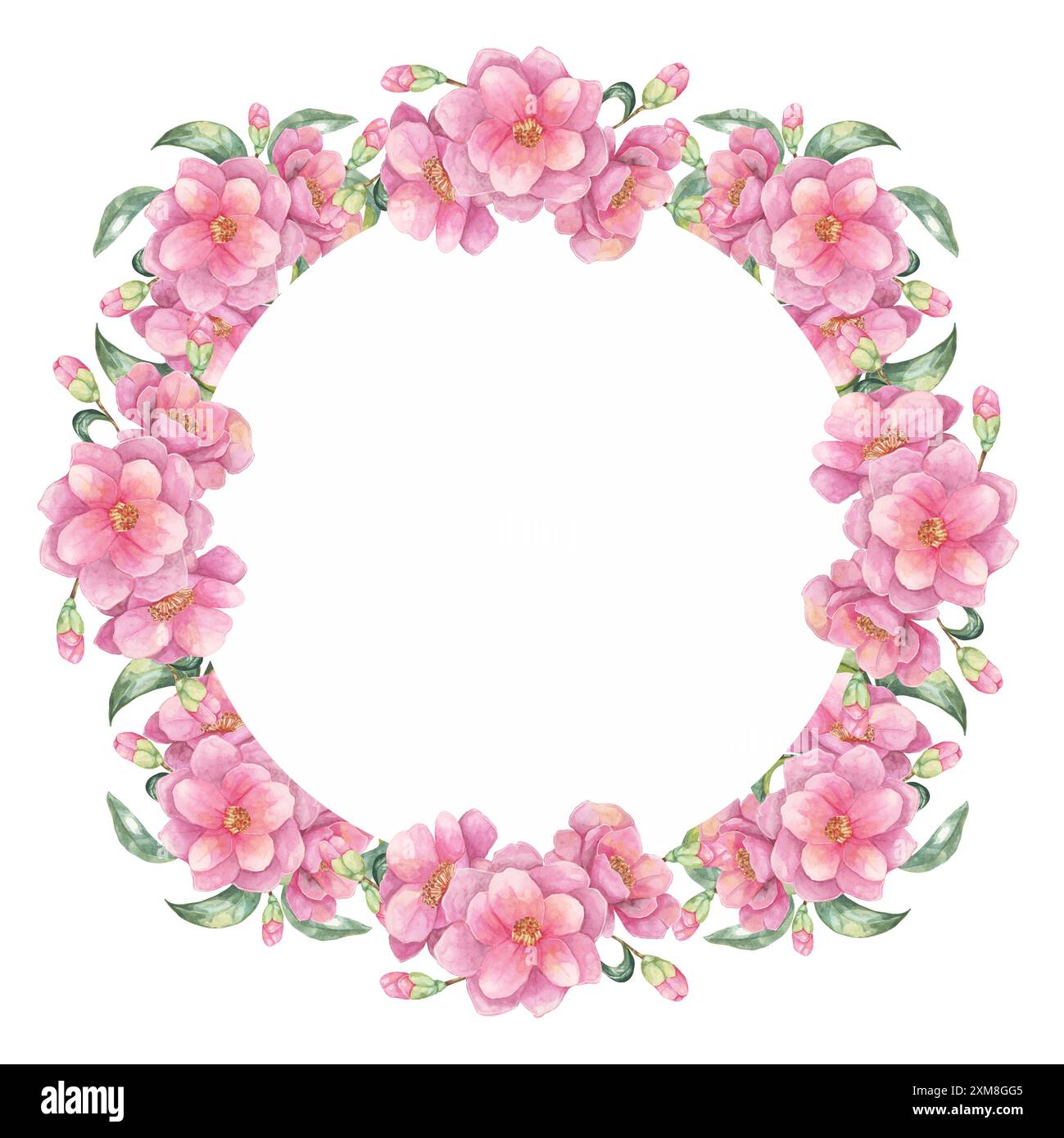 Camellia japonica aquarelle clipart avec une élégante couronne florale de fleurs roses. Cadre rond parfait pour créer des invitations de mariage, des cartes de vœux et des impressions personnalisées Banque D'Images