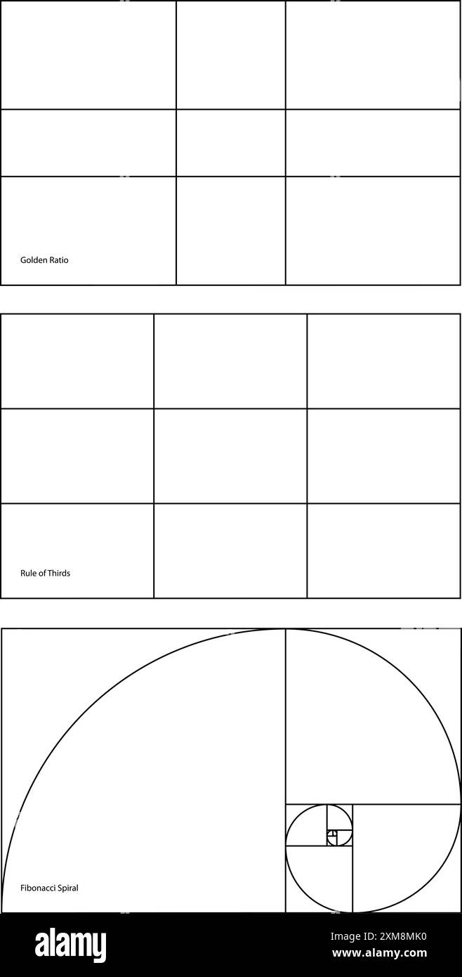 Les trois règles de composition photographique 'Golden ratio', 'Rule of Thiral' et 'Fibonacci Spiral' sont Line Art. Illustration de Vecteur