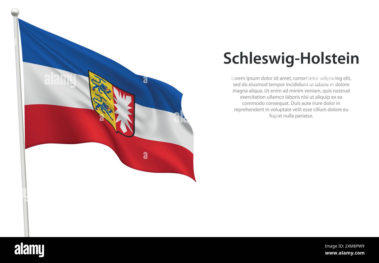 Drapeau ondulant isolé du Schleswig-Holstein est un état de l'Allemagne sur fond blanc. Illustration de Vecteur