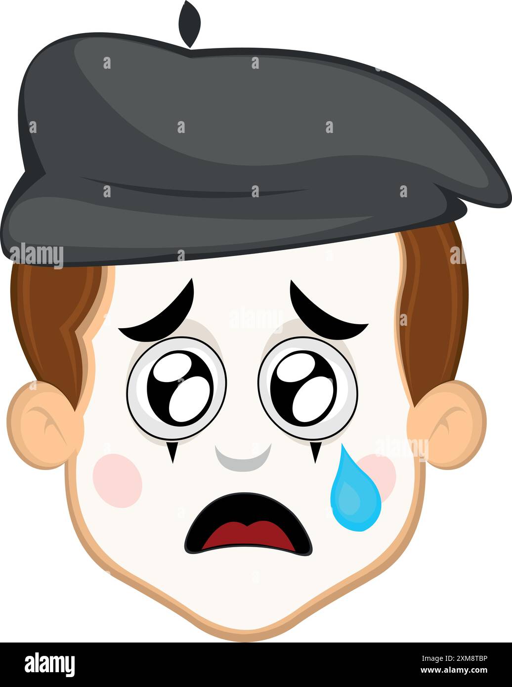 illustration vectorielle visage personnage de dessin animé de mime artiste de rue, avec une expression triste, les yeux aqueux et une larme tombant d'un œil Illustration de Vecteur