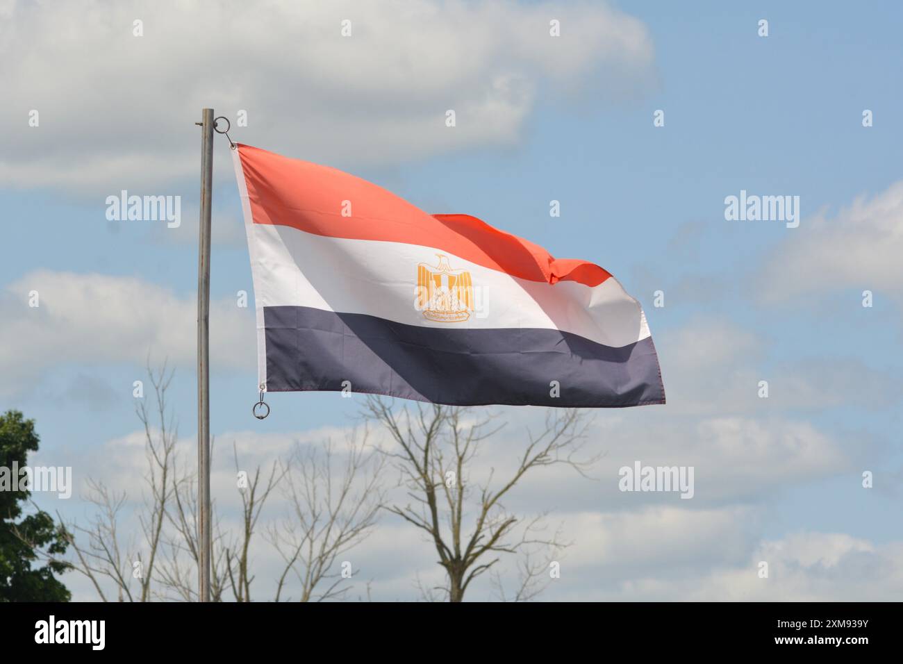 Le drapeau national de l'Egypte flotte sur un mât de drapeau sur une belle journée d'été avec un fond de ciel bleu et de nuages blancs. Banque D'Images