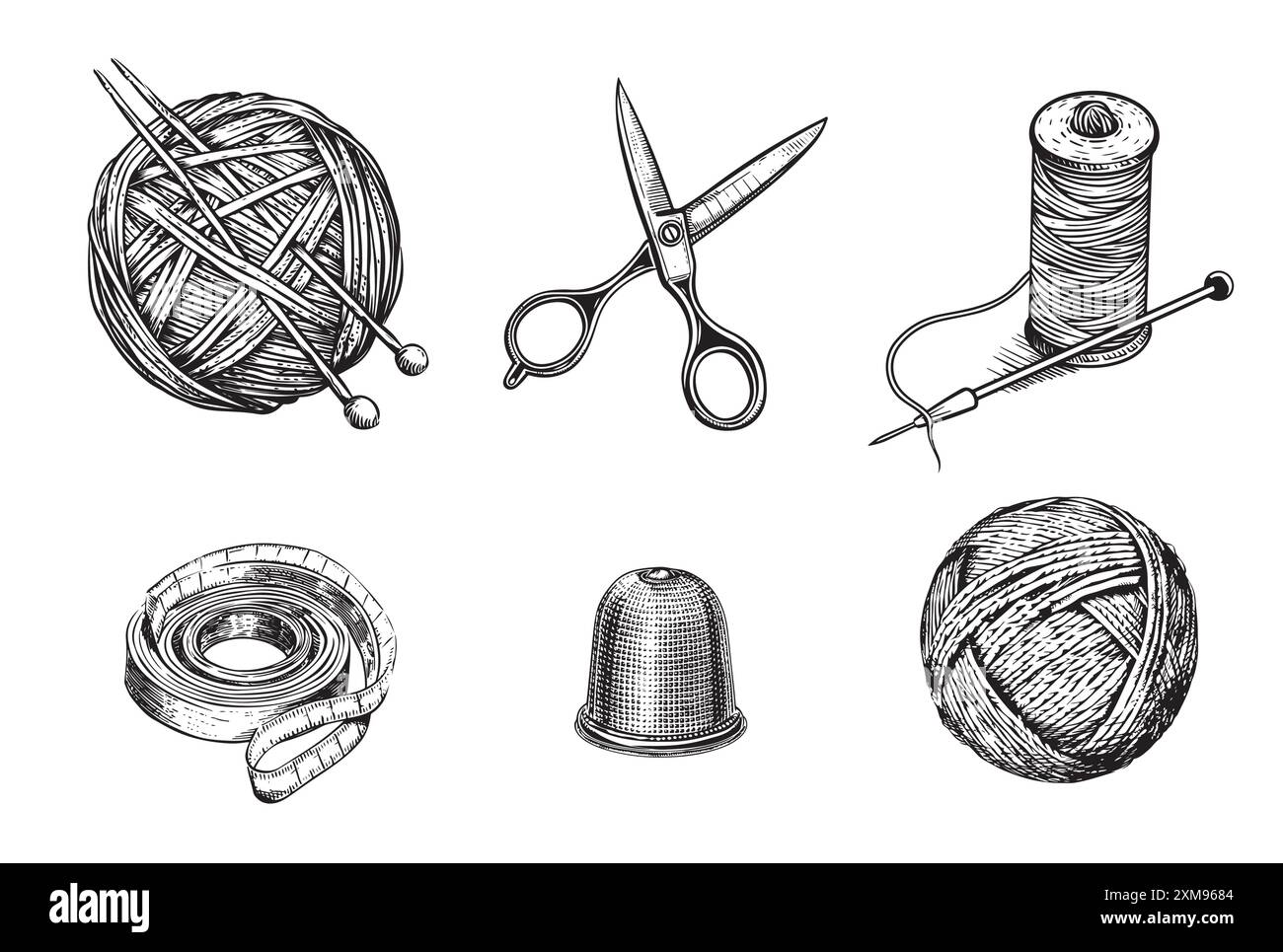 Assemblage de l'esquisse de l'ensemble. Mélis, laine de pelote, fil de balle avec aiguilles. Outils pour l'artisanat, le tricotage à la main. Vecteur vintage Illustration de Vecteur