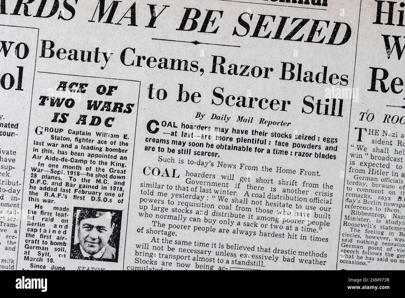 Titre « les charbons peuvent être saisis » dans le Daily mail (réplique), 31 décembre 1940. Banque D'Images