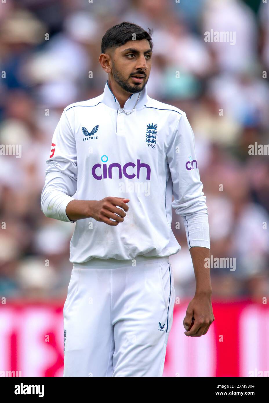 Birmingham, Royaume-Uni, 26 juillet 2024. Angleterre v West Indies’ test match 3 . Sur la photo : Shoaib Bashir pendant le premier jour du match de test international de cricket à Edgbaston Cricket Ground. Crédit : Mark Dunn/Alamy Live News» Banque D'Images