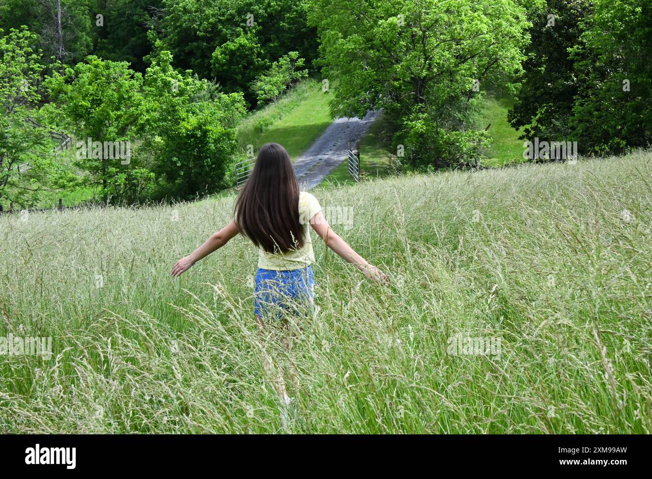 L'adolescente femelle court à travers un champ de hautes herbes vertes. Ses bras tendent et touchent l'herbe. La porte est ouverte devant. Banque D'Images