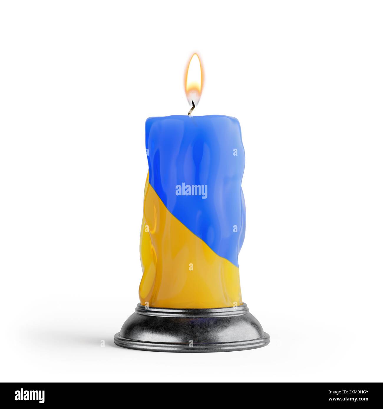 Concept mémoire des héros. Bougie brûlante dans les couleurs du drapeau de l'Ukraine sur un fond blanc. Rendu 3D. Banque D'Images