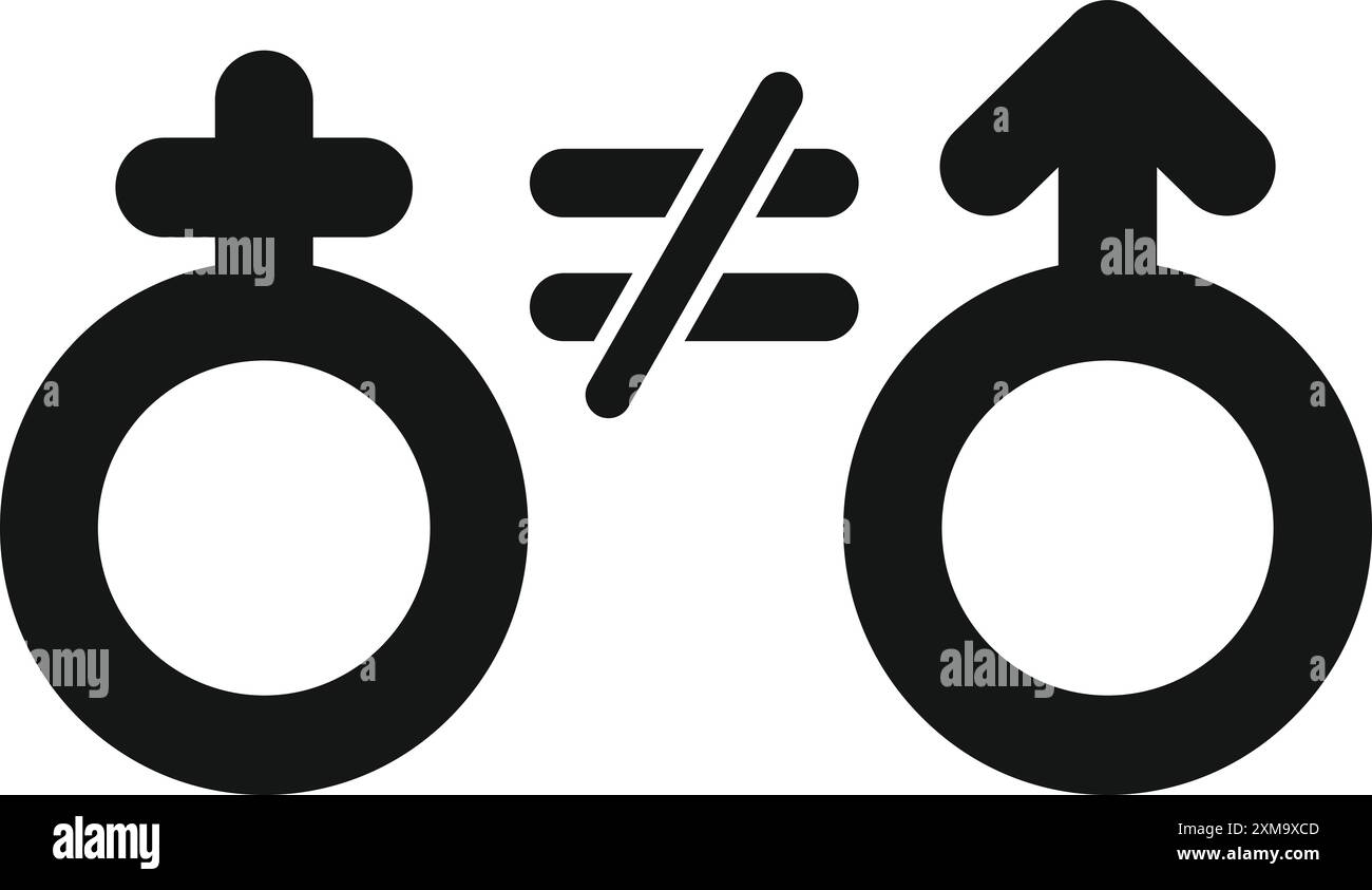 Image en noir et blanc montrant le concept d'inégalité entre les sexes avec des symboles masculins et féminins séparés par un signe inégal Illustration de Vecteur