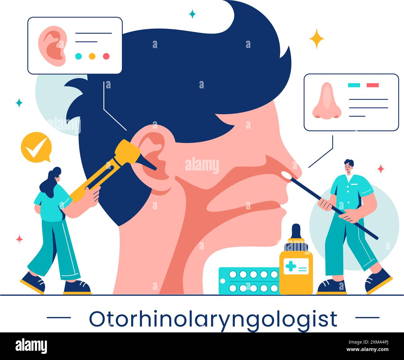 Illustration vectorielle d'un oto-rhino-laryngologiste dans un cadre de soins de santé, relative aux problèmes médicaux de l'oreille, du nez et de la gorge dans un fond plat Illustration de Vecteur