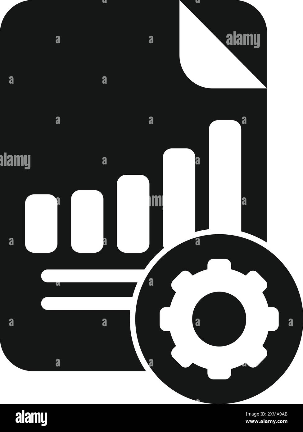 Icône en noir et blanc d'un document avec un graphique à barres et un engrenage, symbolisant l'analyse des données et l'optimisation des processus Illustration de Vecteur