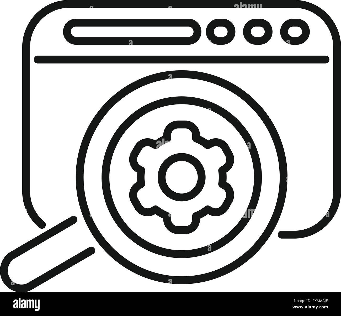 La loupe analyse une page Web avec un symbole d'engrenage, représentant l'optimisation et le réglage fin du site Web pour améliorer les performances Illustration de Vecteur
