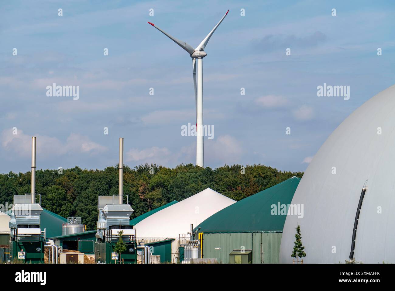 Installations de biogaz, centrales de production combinée de chaleur et d'électricité, pour la production d'électricité, stockage de gaz en forme de dôme, centrale éolienne, Rietberg, Rhénanie-du-Nord-Westphalie Banque D'Images Installations de biogaz, centrales de production combinée de chaleur et d'électricité, pour la production d'électricité, stockage de gaz en forme de dôme, centrale éolienne, Rietberg, Rhénanie-du-Nord-Westphalie Banque D'Images