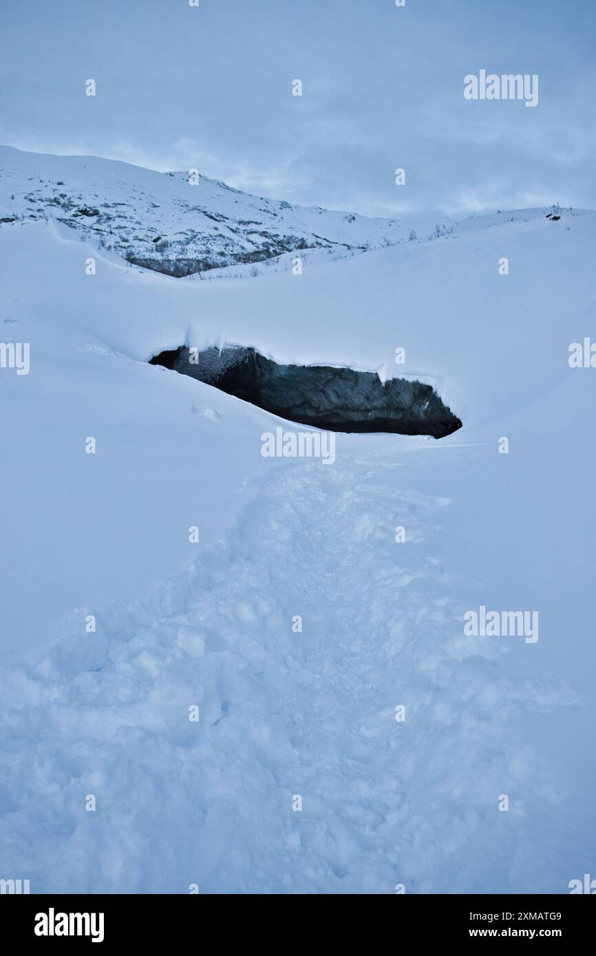 Chemin dans la neige menant à Castner Cave ouverture par une froide journée d'hiver en Alaska. Banque D'Images