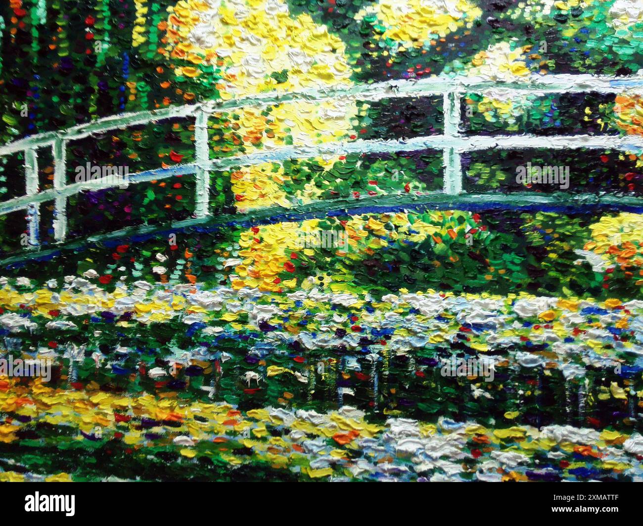 Peinture d'art fond de fleur de lotus de couleur à l'huile de thaïlande , nénuphars et pont japonais Banque D'Images