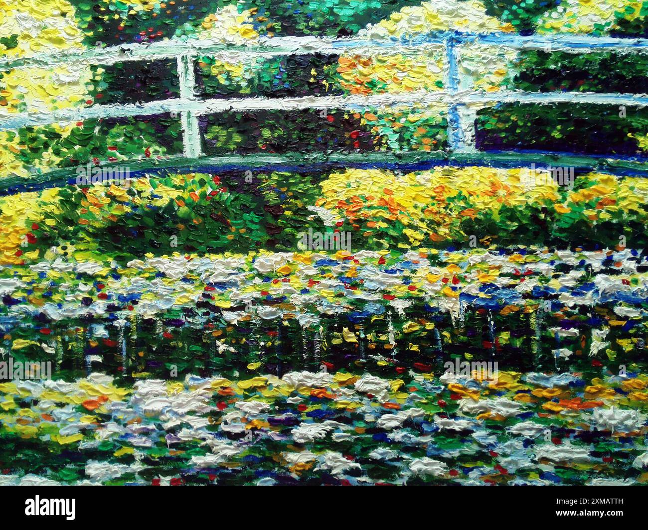 Peinture d'art fond de fleur de lotus de couleur à l'huile de thaïlande , nénuphars et pont japonais Banque D'Images
